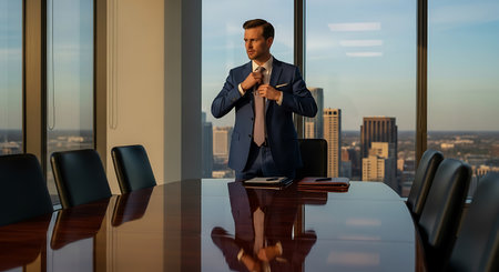 Businessman in the conference room with panoramic city view.の写真素材