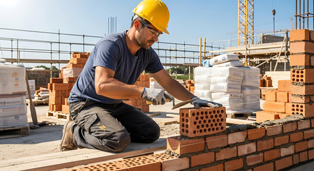 Construction worker laying bricks on a construction site. Construction industry concept.