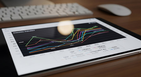 Close-up of digital tablet with financial chart on screen. Business conceptの写真素材