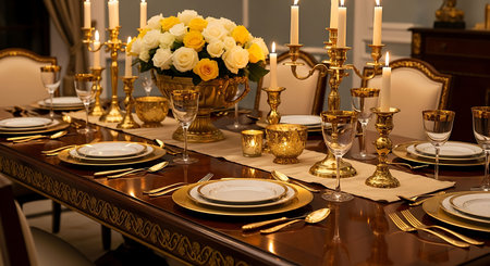 Elegant table setting with golden plates, candles and crockery
