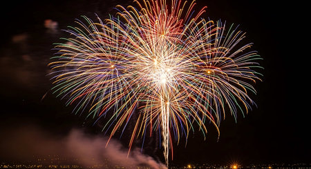 Colorful fireworks of various colors and shapes over night sky background.の写真素材