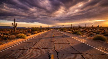 Sunset over a desert road in the Mojave Desert, USAの写真素材