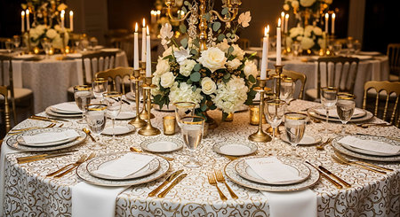 Elegant table set for wedding or another catered event dinner.
