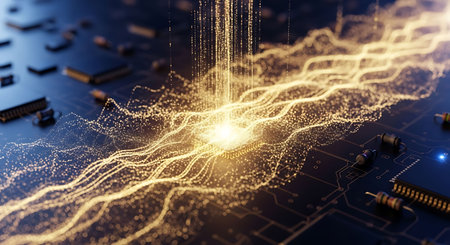 Futuristic circuit board with glowing lines and dots 3D rendering
