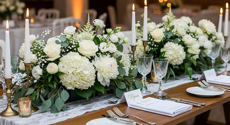 Wedding table decoration with white flowers, candles and cutlery