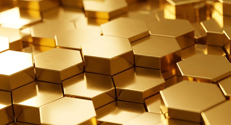 3d rendering of golden hexagon background with depth of field.の写真素材