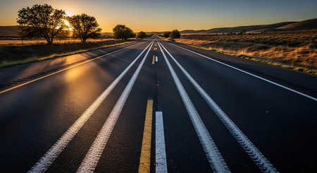 Asphalt road at sunset in the middle of the steppe.
