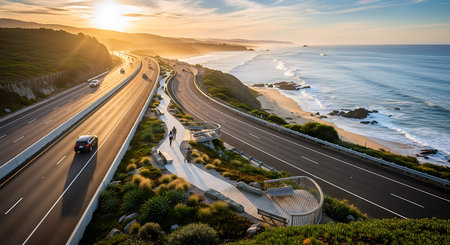 Aerial view of highway road at sunset, California, USA.の写真素材