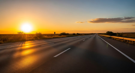 Asphalt road at sunset. Landscape of the highway at sunset.の写真素材