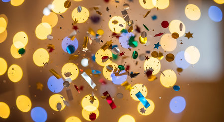 abstract background with bokeh defocused lights and confettiの写真素材