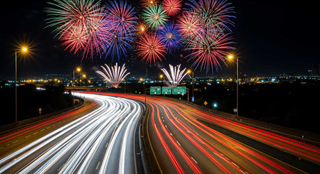 Colorful fireworks on the night sky with car light trails on the road