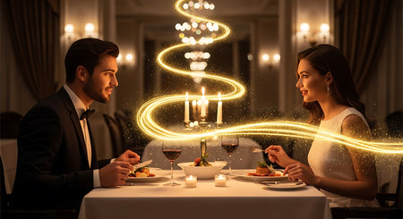 Loving couple having dinner in a luxury restaurant with glowing Christmas tree