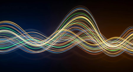 abstract colorful wavy lines on dark background, 3d renderの写真素材