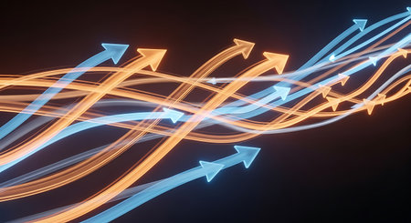 3d rendering of glowing arrows pointing in different directions on black backgroundの写真素材