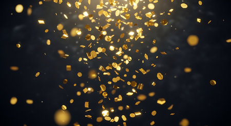 Golden confetti on black background. Festive concept. 3D Renderingの写真素材
