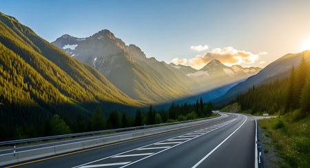 Highway in the Canadian Rockies at sunset. Panoramic view.