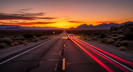 Highway in the Mojave Desert at sunset, USAの写真素材