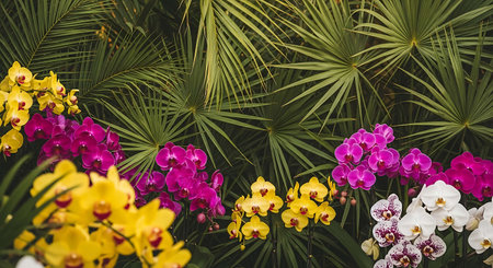 Colorful orchids in the tropical garden. Floral background