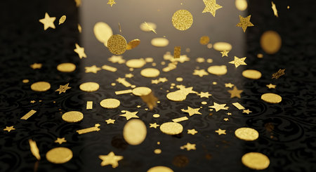 Golden confetti on a black background. 3D illustration. Festive background.の写真素材