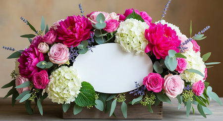 Bouquet of pink and white flowers in a wooden box.