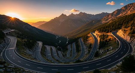Highway in the mountains at sunset. View from above. 3d rendering