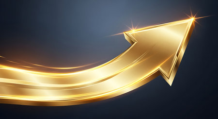 Gold arrow pointing up on dark background. 3D rendering and illustration.の写真素材