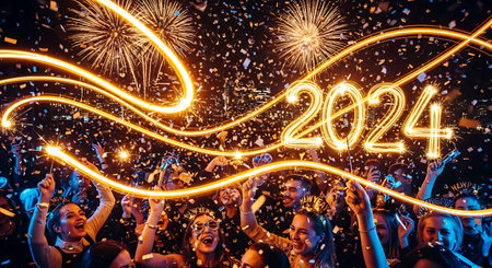 Multiethnic group of young people dancing with fireworks over dark background.