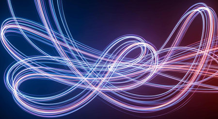 Abstract background with glowing lines in blue and pink colors. 3d rendering