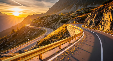 Asphalt road in the mountains at sunset. Alps.