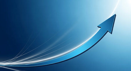 Highly rendering of a blue arrow on a blue background with copy space