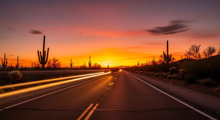Long exposure of a highway in Arizona at sunset with cactusesの写真素材
