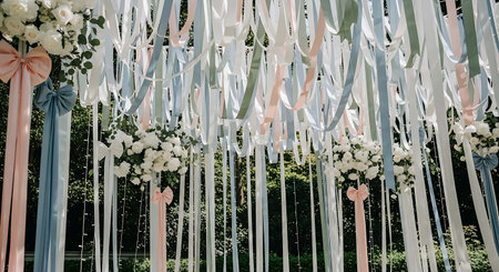 wedding arch decorated with flowers and ribbons. Wedding ceremonyの写真素材