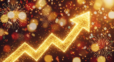 Fireworks with a gold arrow on a dark background. 3d renderingの写真素材