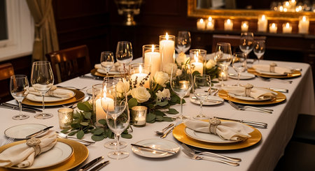 Wedding table setting with candles, flowers and cutlery