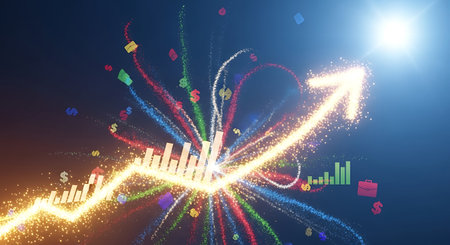 Digital composite of Diagrams against blue background with lights and flareの写真素材