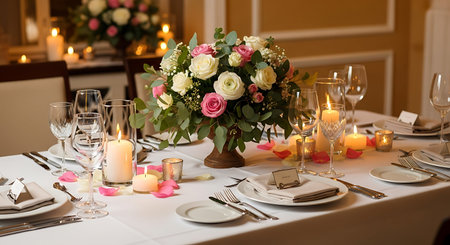 Wedding table setting with cutlery, candles and flowers