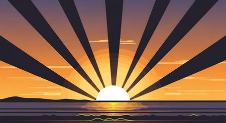 Sunset over the sea. Vector illustration in a flat style.の写真素材