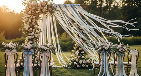 Wedding arch decorated with white and blue ribbons and flowersの写真素材
