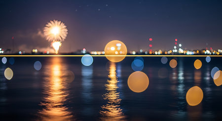 Fireworks in the night sky over the sea. Abstract blurred backgroundの写真素材