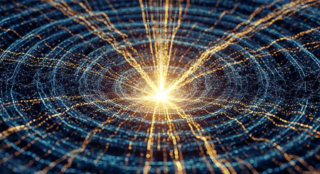 Abstract 3d rendering of chaotic structure. Futuristic background with dynamic particles.の写真素材