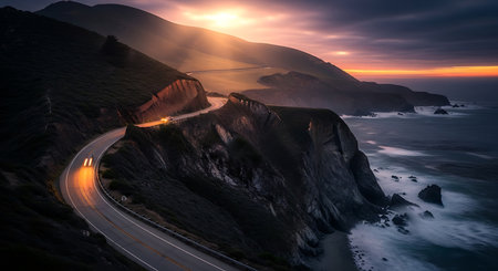 Coastal highway at sunset, San Francisco, California, USAの写真素材