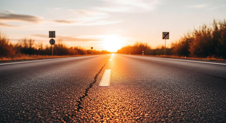 Asphalt road at sunset. Perspective view of asphalt road at sunsetの写真素材