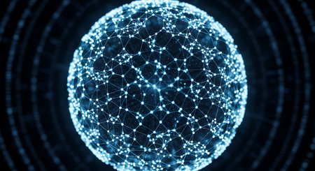 3D rendering of abstract digital sphere with polygonal mesh on blue backgroundの写真素材