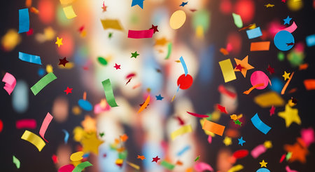 Colorful confetti and ribbons on bokeh background.の写真素材