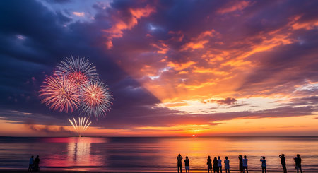 Beautiful colorful firework display for celebration happy new year and merry christmas on the beachの写真素材