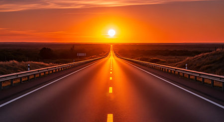 Sunset on the road in Drenthe, Netherlands, Europe