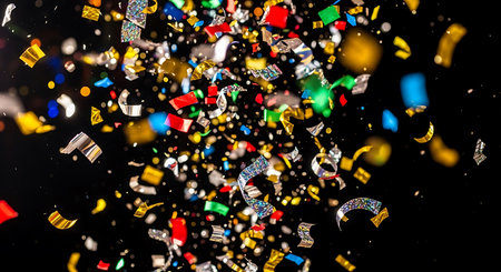 Colorful confetti on a black background. Festive background.の写真素材