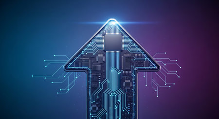 Circuit board and arrow on blue background. Innovation concept. 3D Renderingの写真素材