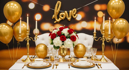 Happy Valentine's Day. Wedding table with flowers, candles and gold balloons. 3d renderingの写真素材