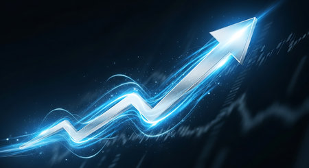 Arrow pointing up against blue background with vignette 3D rendering